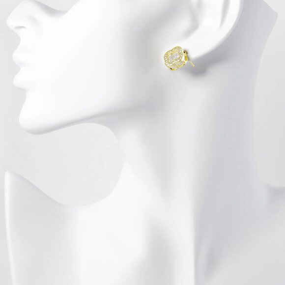 18K GOLD DIPPED PAVE SET CUBIC ZIRCONIA 13MM QUATREFOIL STUD EARRINGS - Picture 3 of 3